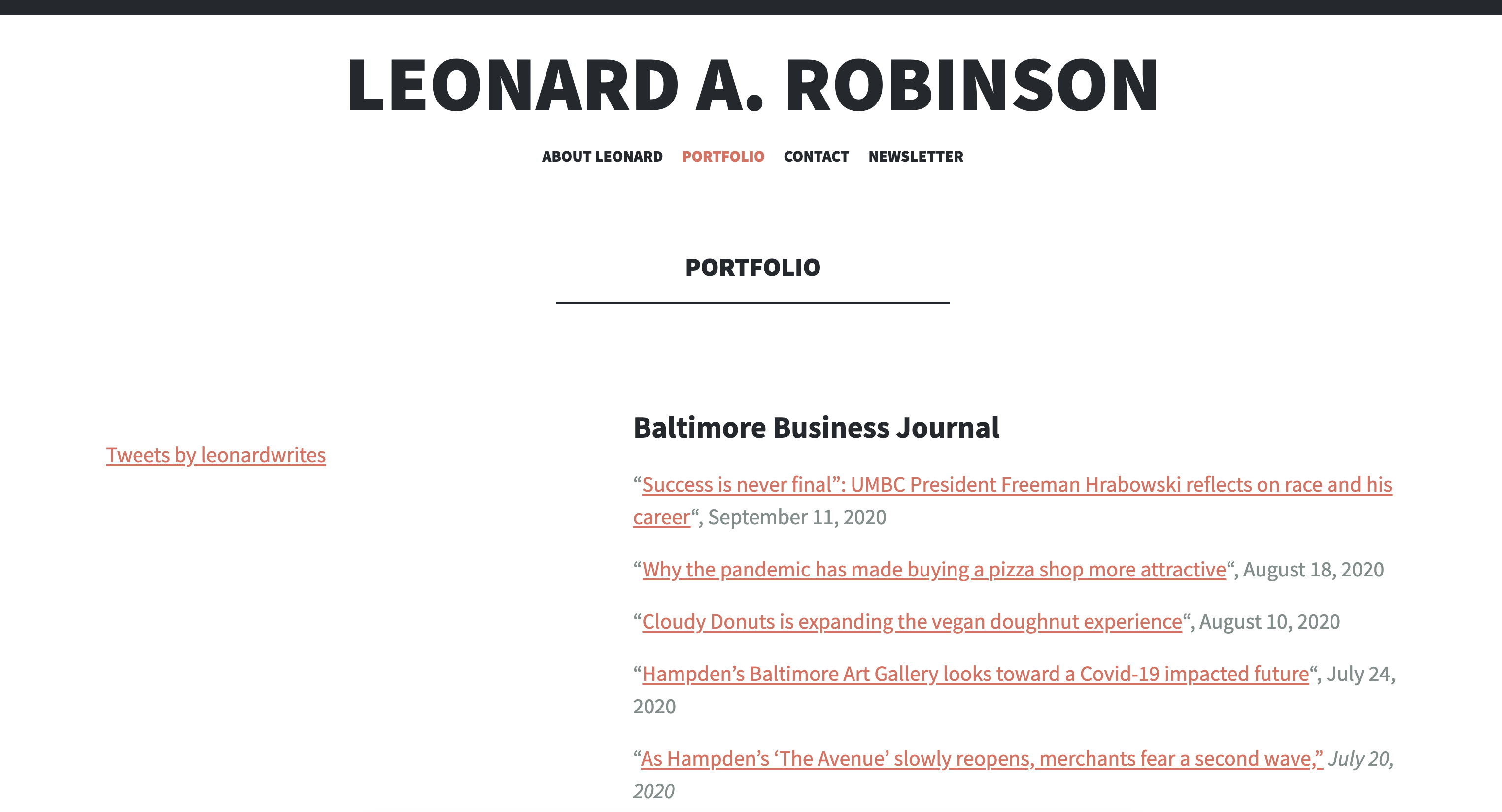 Screenshot of Leonard Robinson's author portfolio