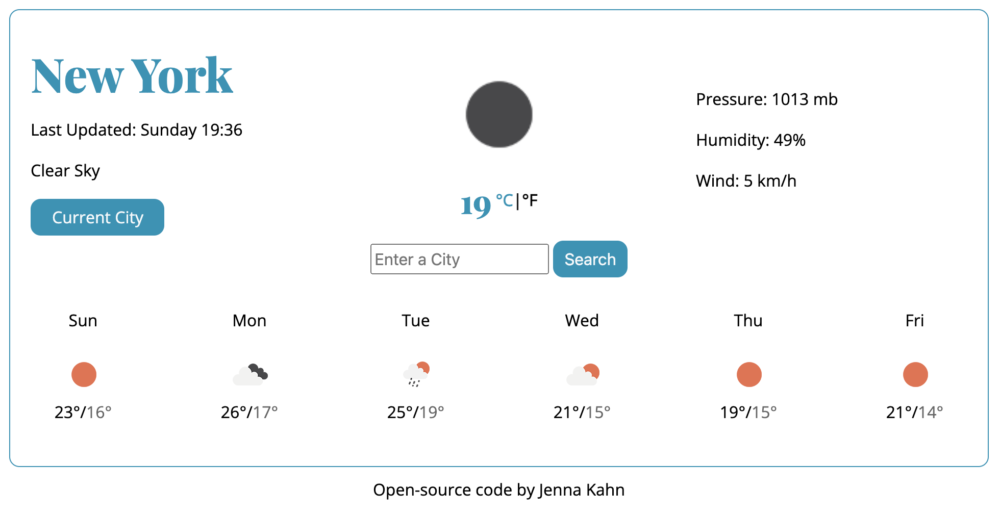 Screenshot of app that gives weather based on user's input